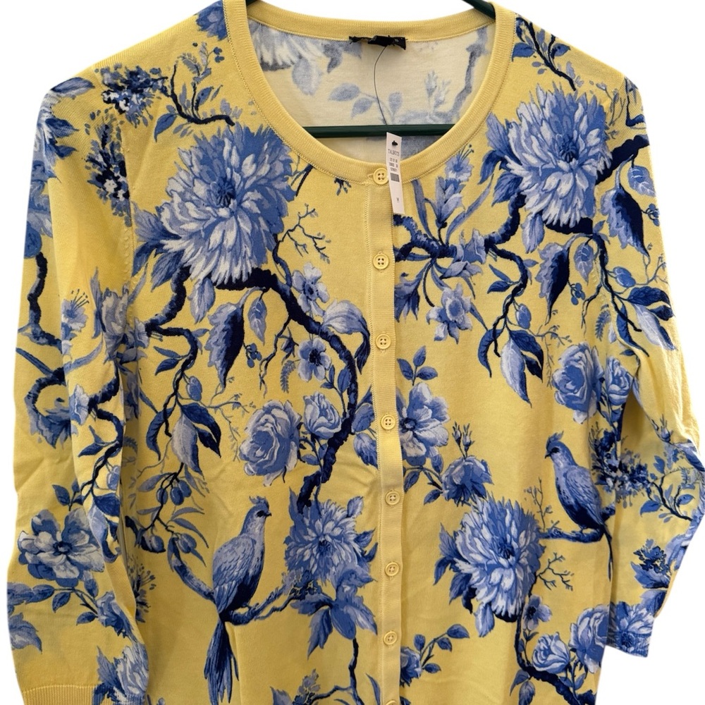 Talbots Yellow Cardigan Sweater with Blue Floral & Bird Print